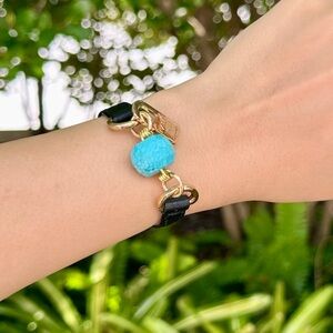LALE Single Wrap Black Leather Bracelet with Turquoise Stone Gold medium